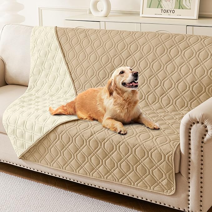 hyha Waterproof Dog Bed Blanket, Soft Pet Blankets, Waterproof Couch Cover for Dogs, Reversible Sofa Covers Washable for Furniture (52x82 Inch, Camel/Beige)