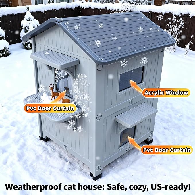 Weatherproof Outdoor Insulated Cat House for Feral Multi Cat, 2 Storey Plastic Elevated Cat Shelter with Escape Door, Easy Assemble, Expansive Interior‌ Grey 34" D x 21" W x 21.5" H