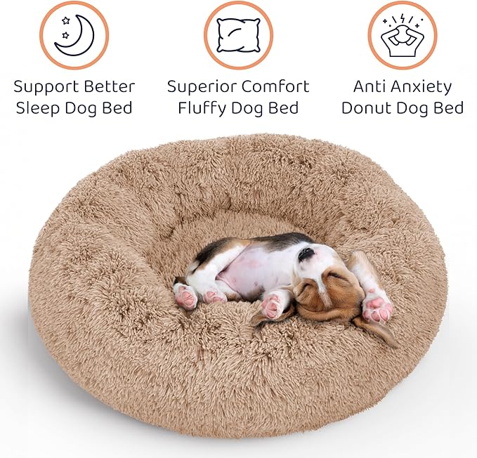 Donut Dog Bed - Premium Comfort for Anxiety Relief - Fluffy & Calming Design with Ultra-Plush Support | Cozy Round Dog Bed with Super Soft Circle Style (Camel, Small)