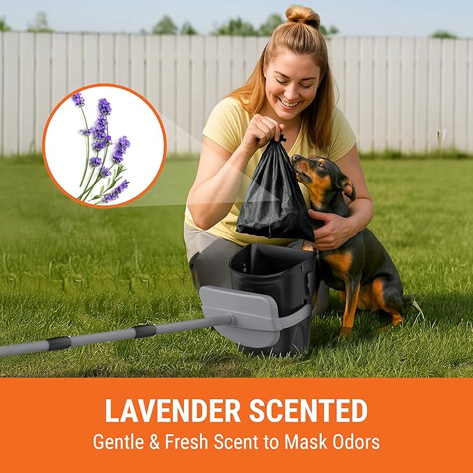 Pupzle Dog Pooper Scooper with Bag Attachment, 40" Long Handle Pooper Scooper for Large Dogs, Dog Poop Scoop for Yard, Large Capacity Swivel Bin and Rake, Lavender Scented Bags (Black)