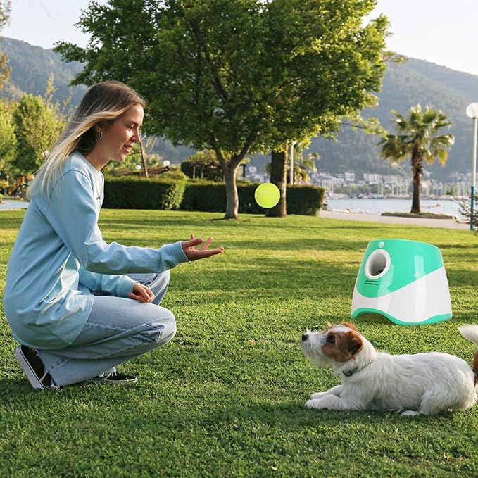Automatic Dog Ball Launcher Tennis Ball Thrower Machine Interactive Fetch Machine Training Game Toy with 3 Adjustable Launch Distance for Small Medium Dogs Indoor & Outdoor
