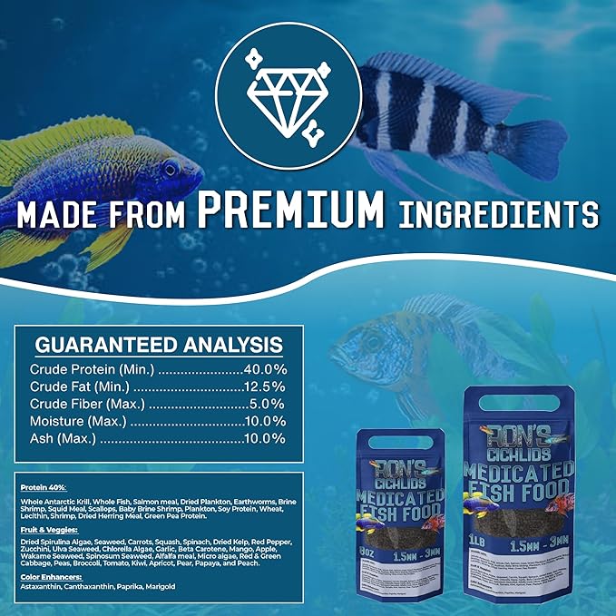 RON'S CICHLIDS Medicated African Cichlid Fish Food Pellets - USA Made Slow Sinking Cichlid Pellets - Treats Bloat, Ich, and More - Mbuna Cichlid Food Blend, 8 OZ