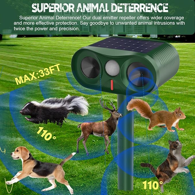 Cat Repellent Outdoor for Yard & Garden & Farm,Ultrasonic Animal Deterrent with Adjustable Sensitivity，Solar Pest Repellent, Racoon Squirrel Repellent Outdoor to Keep Unwanted Animals Away 2 Packs