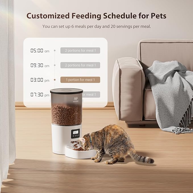 IMIPAW Automatic Cat Feeders, 5L Large Capacity, Timed Feeding Dry Food, Dual Power Design, Programmable Portion Size, 1-6 Meals Per Day, with Desiccant Packet, Suitable for Small Pets Food Dispenser