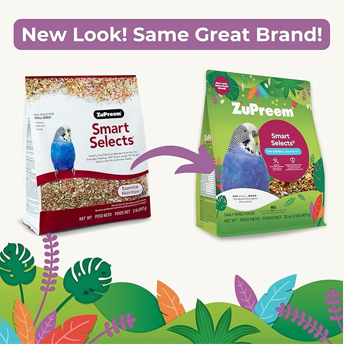 ZuPreem Smart Selects Daily Bird Food for Parakeet, Budgie, Parrotlet, Dove, Small Bird Pellets and Seed Blend, Core Nutrition, Made in USA, Budgie & Parakeet Food (2 lb, Pack of 2)