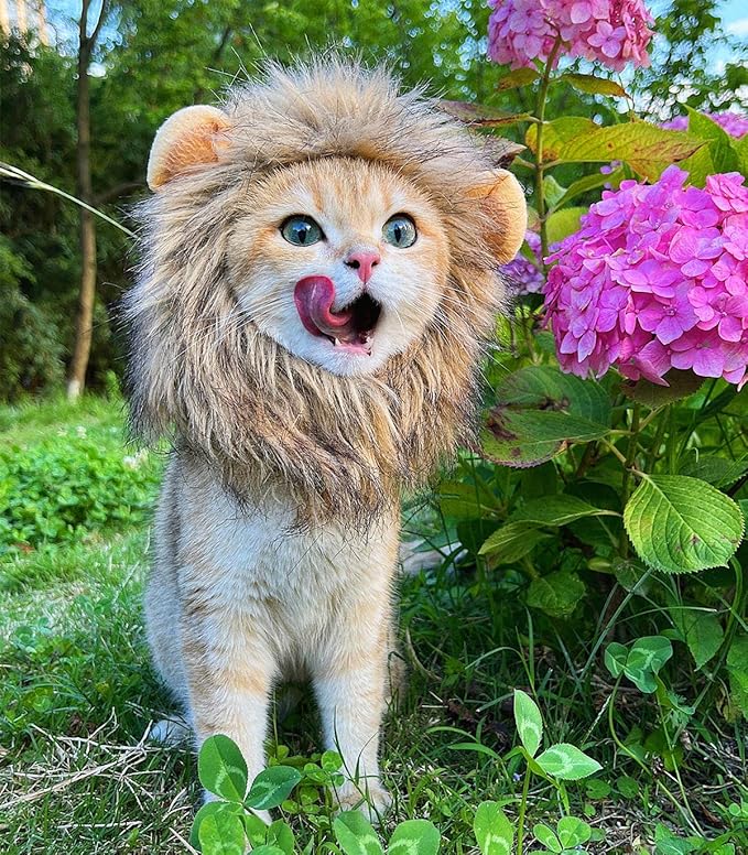 Lion Mane Wig for Cat Costume Pet Adjustable Washable Comfortable Fancy Lion Hair Cat Clothes Dress for Halloween Christmas Easter Festival Party Activity (Large, Brown)
