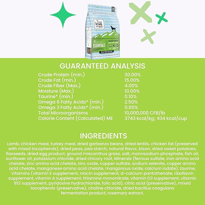 I and love and you Naked Essentials Dry Dog Food - Lamb + Bison - High Protein, Real Meat, No Fillers, Prebiotics + Probiotics, 11lb Bag