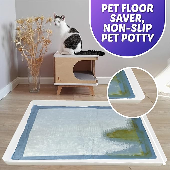 TidyFriend Dog Pee Pad Holder Tray Fits for 28” x 34” Wee Wee Pee Pads - Stable Grip, Raised Edges, Quick-Wipe Silicone Surface Dog Potty Tray Holder for Indoor Flooring Protection (White)