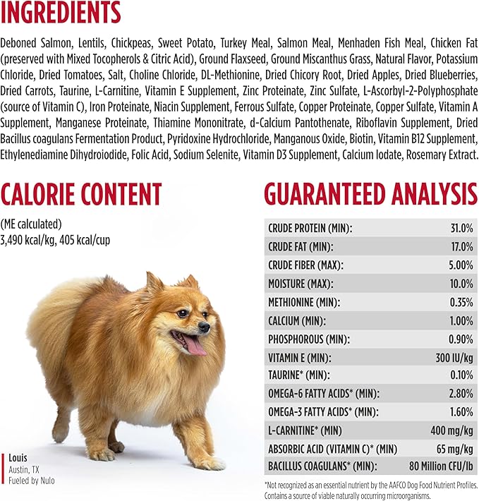 Nulo FreeStyle Small Breed Dog Food Dry - Salmon & Lentils, Puppy & Adult Grain Free Dog Food, Natural, High Protein, Smaller Sized Kibble with BC30 Probiotic for Healthy Digestion Support, 6lb