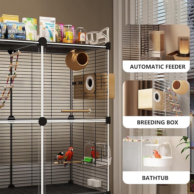 Large Parrot Cage with Acrylic Doors, 4 Casters, Perch & Feeder, Detachable Drawer, Ideal for Cockatiels, Budgies, Conures, Indoor/Outdoor Use – Spacious White Birdcage (White, 72 * 36 * 106cm)