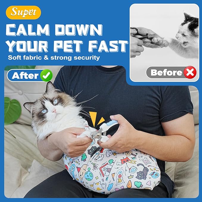 Supet Cat Grooming Wrap for Cutting Nails, 2026 Self-Adherent Anti-Escape Calming Cat Swaddle Wrap for Medicine, Nail Clipping, Teeth Brushing, Ear Cleaning (Cartoon, XL)