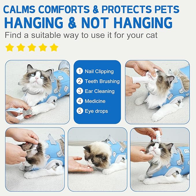 Supet Cat Grooming Hammock Harness for Nail Trimming, Cat Grooming Hanging Sling for Nail Clipping, Pet Restraint Holder for Cutting Nails, Medicine, Ear & Teeth Cleaning, Eye Care (BlueCat S)