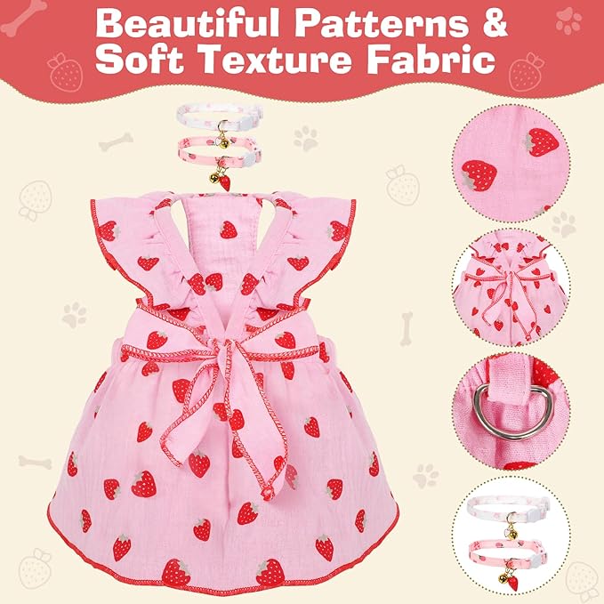 2-Piecs Cotton Detachable Pet Cat Dog Collar with Strawberry Pendant and Bell + 1-Piece Small Dog Cat Dress, Girl's Cat Costume, Cute Bow-Decorated Outfit, Strawberry Print Pet Birthday Set (Medium)