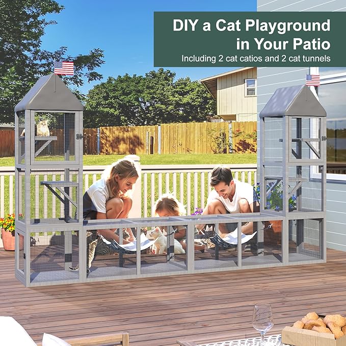 Cat Catio with Tunnel, 4 in 1 Outdoor Cat Enclosure Include 2 Catio and 2 Tunnel, Cats Enclosure with Kitten Hammock and Waterproof Cover, Indoor Outdoor Cats Cage Playground with 2 Door