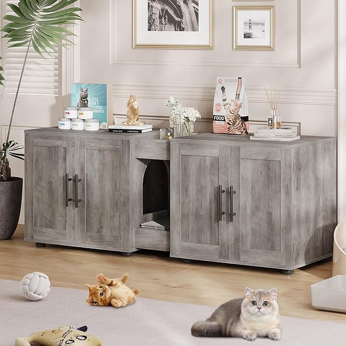 Garvee Cat Litter Box Enclosure for 2 Cats, 55" Hiddden Litter Box Enclosure Furniture 3-in-1 Wooden Litter Cabinet with Barn Door & Double Rooms for Bedroom Living Room, Gray