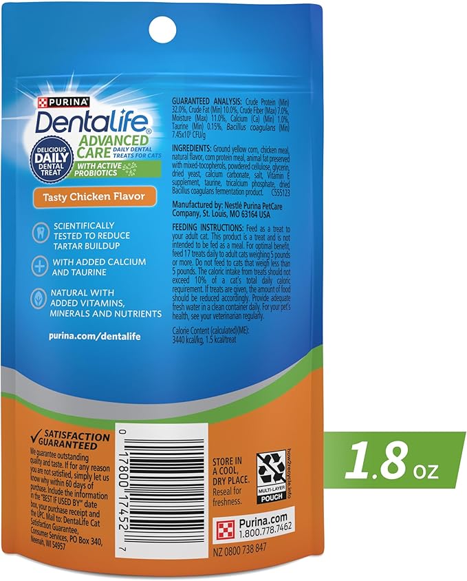 Purina DentaLife Made in USA Facilities Cat Dental Treats, Tasty Chicken Flavor - (Pack of 10) 1.8 oz. Pouches