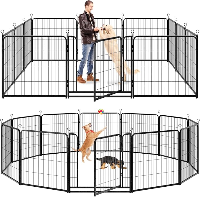 Dog Playpen Outdoor Extra Wide 12 Piece Panels Heavy Duty Dog Fence 32" Height Anti-Rust with Doors Portable for RV Camping Yard, Total 32FT, 79 Sq.ft, Snowy Black