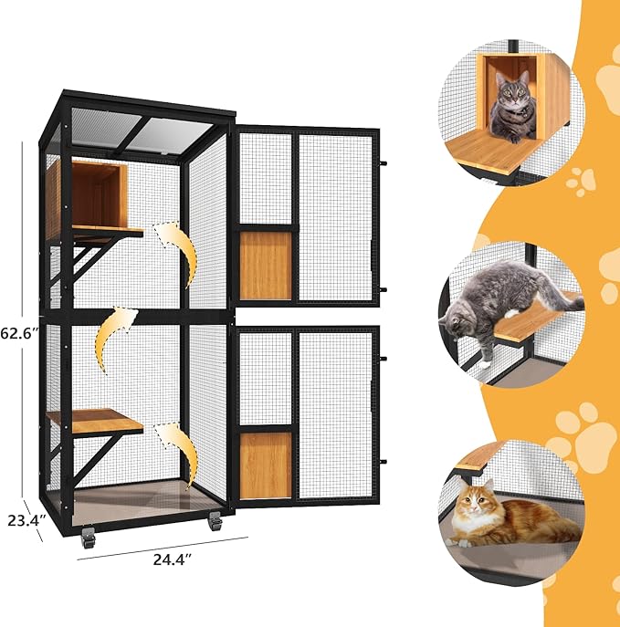 4 Tiers Catio Outdoor Cat Enclosure, Indoor Cats House with 4 Wheels, Cat Enclosure Window Access with Removable Floor, Upgraded Resting Box, Waterproof Roof, Wooden Indoor Pet Cage, Black