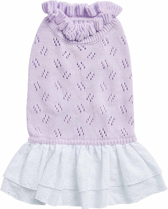 Blueberry Pet My Cutie Princess Ruffle Collar Dog Sweater Dress with Guipure Lace, Light Lavender, Back Length 14", Fall Winter Clothes for Girl Dogs