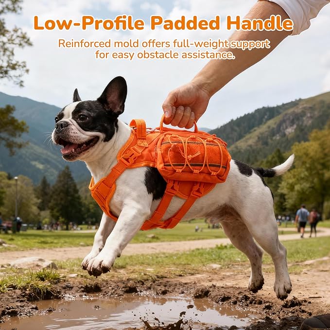 Medium Dog Harness Backpack, No Pull Adjustable Dog Vest with Handle & Leash Ring, Lightweight Dog Backpack with Side Pockets for Walking, Training & Day Hikes, Orange, M