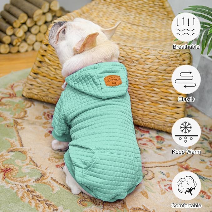 BEAUTYZOO Small Dog Hoodie Sweater with Pockets, Dog Clothes for Small Medium Dogs Boy Girl, Waffle-Like Laminated Cotton Pet Coats with Hat and Leash Hole, Mint Green XS