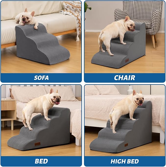 5-Step Dog Stairs and Ramp for High Bed, Non-Slip Sturdy Pet Steps for Small Dogs and Cats,22.2" H,Grey