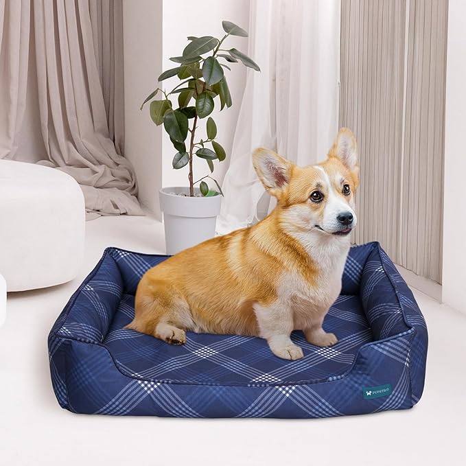 Orthopedic Bolster Dog Bed – CertiPUR-US Foam, Recycled Polyester Canvas, Washable Cover, Anti-Slip Bottom, Small, Navy Plaid – Stylish Designer Dog Sofa