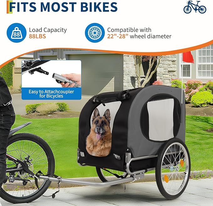 Dog Bike Trailer for Medium & Large Dogs - 16" Air-Filled Tires Pet Bicycle Carrier with Universal Coupler | Waterproof Oxford Fabric Cargo Cart for Medium/Large Dogs - Safe Cycling Access (Grey)