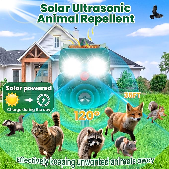 2 Pack Ultrasonic Animal Repellent Outdoor Deer Repellent Outdoor Solar Deer Repllent Devices Animal Deterrent Scare Raccoon, Cat, Rabbit, Dog