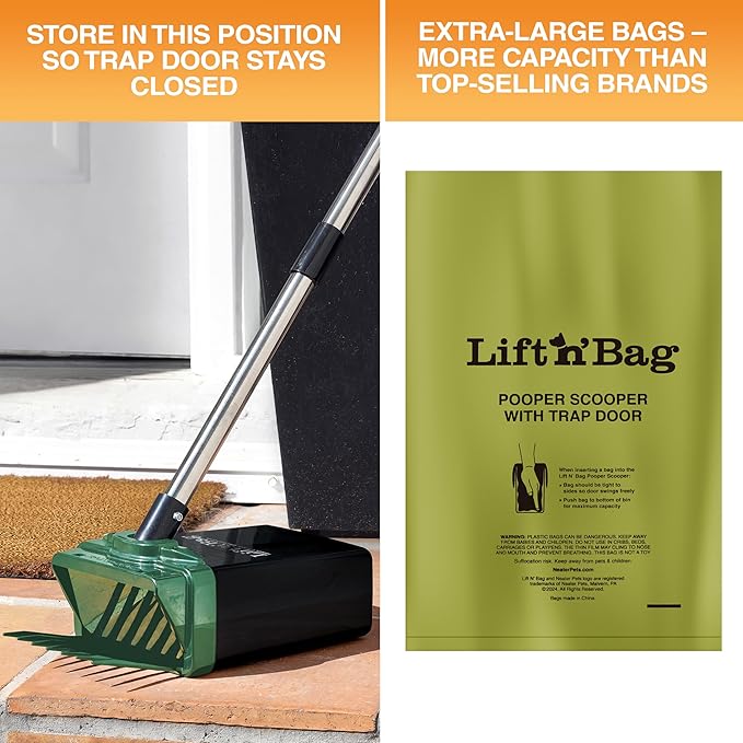 Neater Pet Brands Lift N’ Bag 2.0 Dog Pooper Scooper with Bag Attachment & 22" Pole for Small to Large Dogs, New & Improved Design, 195 Refill Bags, Heavy Duty Dog Poop Scooper for Yard, One-Hand Use