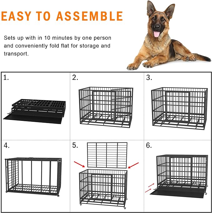 38 inch Heavy Duty Indestructible and Escape-Proof Dog Crate Cage Kennel for Large Dogs, High Anxiety Dog Crate with Removable Wire Trays and Wheels, Extra Large XL XXL, Black