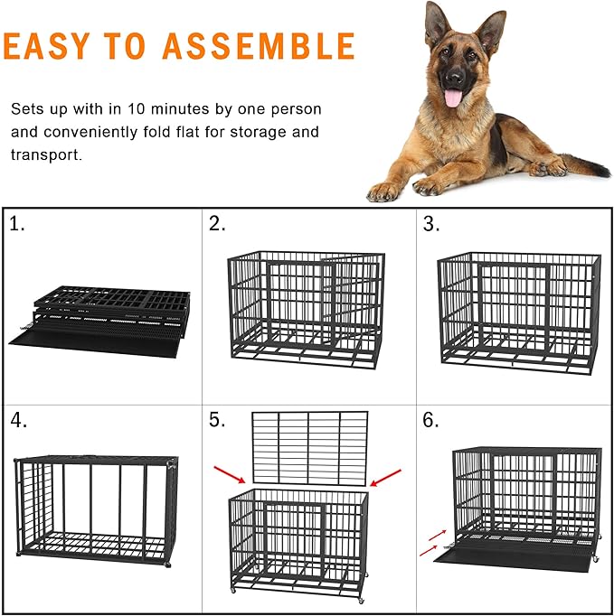 42 Inch Heavy Duty Dog Crate Cage with Wheels, Indestructible and Escape Proof Steel Kennel Indoor for High Anxiety Dogs with Sturdy Locks, Double Door and Tray, Extra Large XL XXL