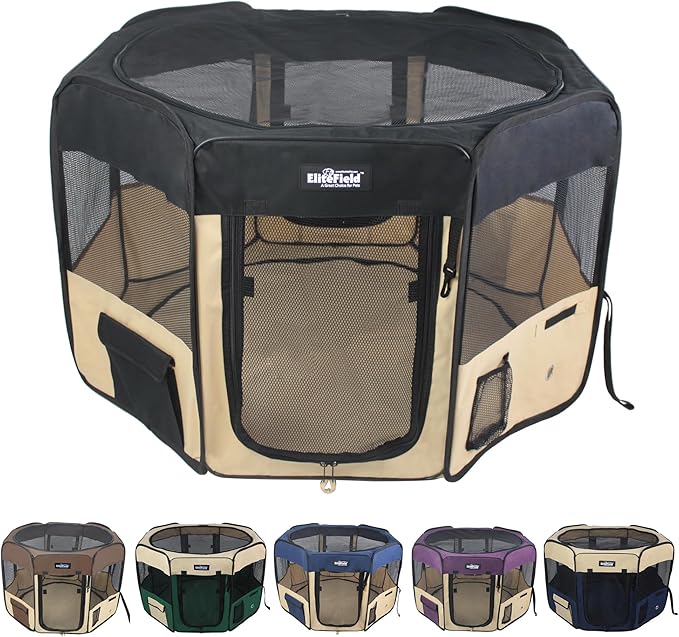 EliteField 2-Door Soft Pet Playpen (2 Year Warranty), Exercise Pen, Multiple Sizes and Colors Available for Dogs, Cats and Other Pets (62" x 62" x 30"H, Black+Beige)