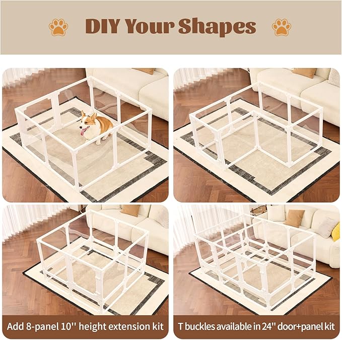 FlexiSpace 2-Panel Area Expansion Kit, Customizable Height & Space Clear Acrylic Dog playpen Indoor, The ONLY Play Pen That Grows with Your Pets (White, 24" H, 2 Panels)