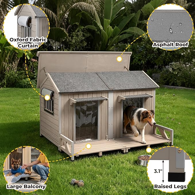 59" L Extra Large Dog House Outdoor for 2 Dogs, XL Wooden Dog House Pet Shelter Weatherproof with 2 Window, Openable Roof, All-Around Iron Frame, Removable Floor, Balcony for Large Small Dogs