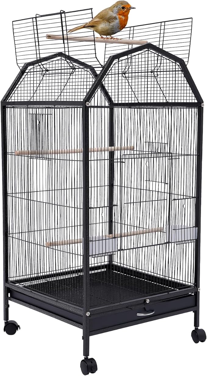 Rolling Bird Cage, Large Wrought Iron Cage with Stand, Play Open Top, Feeding Cups for Parakeet Cockatiel Quaker Sun Conure Finch Budgie Lovebird Canary Small Medium Parrot Cage Birdcage