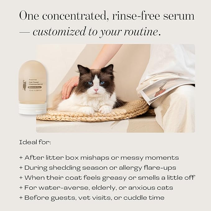 Cat Concentrated Waterless Rinse-Free Shampoo & Conditioner – DIY Dry Shampoo Spray or Towel Cleanse for Cats - Sensitive Skin, Stress & Itch Relief – 98.65% Naturally Derived - 8x10ml
