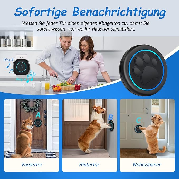 Soft Ring Blk Dog Bells to Go Outside - Wireless Dog Door Bell with 1000ft Range, 60 Melodies, LED, Waterproof Potty Training Bell for Dogs - Dog Door Bells for Potty Training(1 Bell & 1 Receiver)