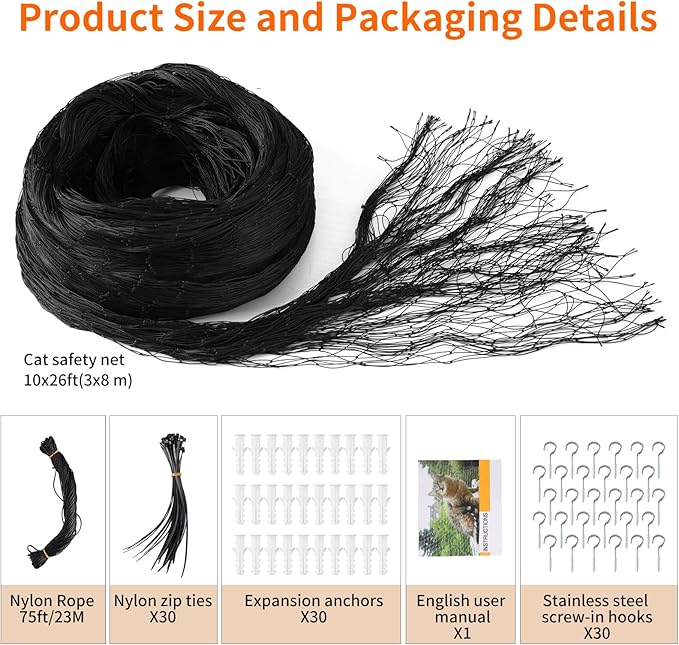 Cat Netting Balcony, Anti-Fall Mesh Fence, Black Composite Nylon, Cat Protection Net