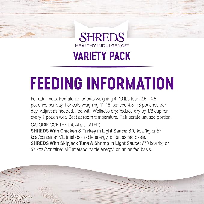 Wellness Healthy Indulgence Shreds Adult Wet Cat Food, Natural, Protein-Rich, Grain Free, 3 Ounce Pouch, 8 Pack, (Shreds Variety Pack)