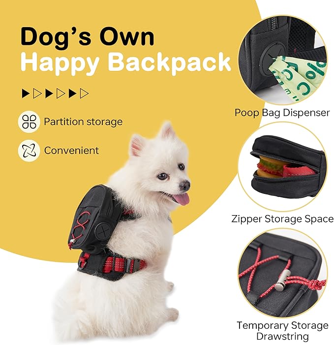 Adjustable Dog Backpack Harness with Reflective Leash, Backpack for Small Dogs, Built in Poop Bag Dispenser, Detachable Dog Back Pack for Outdoor Adventures, Puppy Training, Walking(Black,Small)