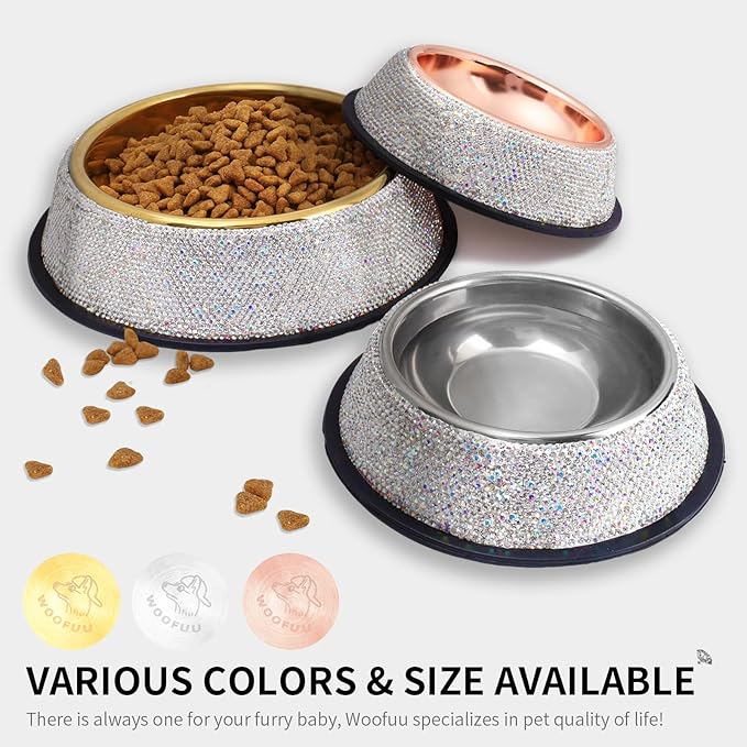 Sparkly Full Rhinestones Designed Rose Gold Stainless Steel Pet Bowl - Stylish and Practical Diamond Food Water Dishes Bowls for Small Medium Large Cats Dogs Rabbits