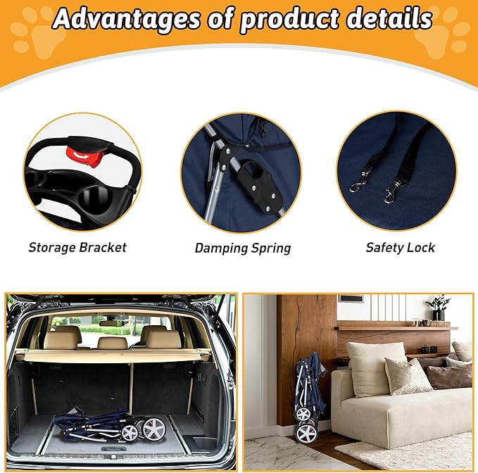 Pet Stroller, 4 Wheels Pet Strolling Cart for Medium/Small Dogs and Cats, Foldable Cat Jogger/Dog Stroller with Cup Holder, Storage Basket, Breathable Mesh, All-Season Pet Carrier, Navy Blue