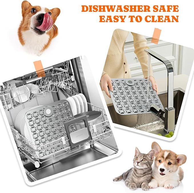 Lick Mat for Dogs & Cats, Stainless Steel Pet Slow Feeder for Crate Boredom & Anxiety Reduce, Cat Licking Pads with Spatula & Scrubbing Brush, Blue