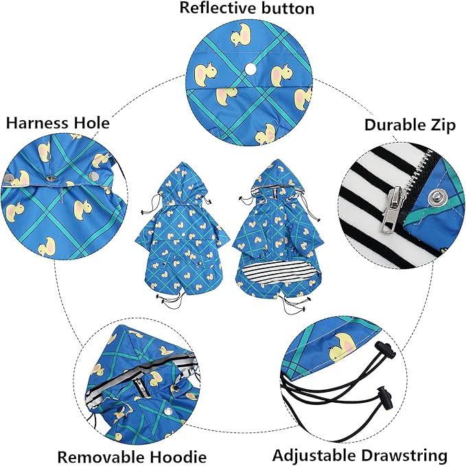 Morezi Dog Zip Up Raincoat with Reflective Buttons, Rain/Water Resistant, Adjustable Drawstring, Removable Hood, Raincoats with Legs 8lbs to 80lbs Available - Grid Blue - XS
