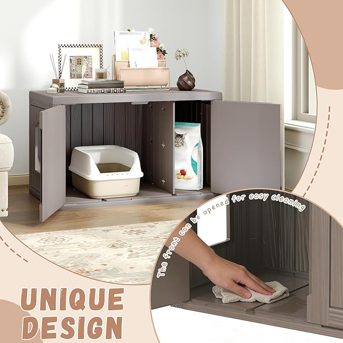 Hidden Cat Litter Box, Cat Litter Box Enclosure Furniture with Double Door, Indoor Outdoor Cat House, Adjustable Partition & Side End Table Design, Easy to Clean & Assemble(Grey)