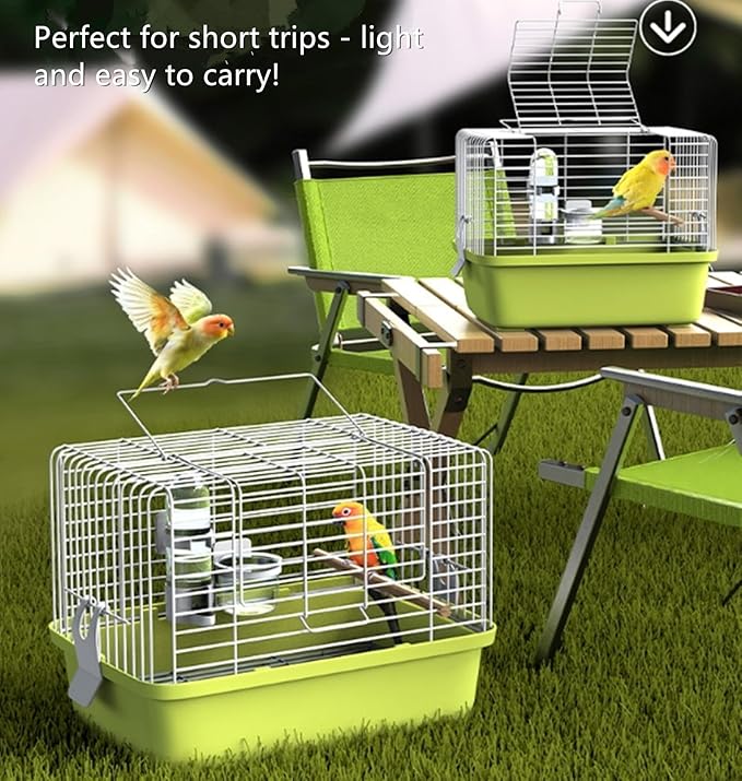 Portable Bird Travel Carrier Cage – 360° Full View Wire Carrier with Feeder & Water Cup for Cockatiels, Parakeets – Locking Door, Easy Clean, Perch Included – Perfect for Vet Visits, Trips(Size:L)