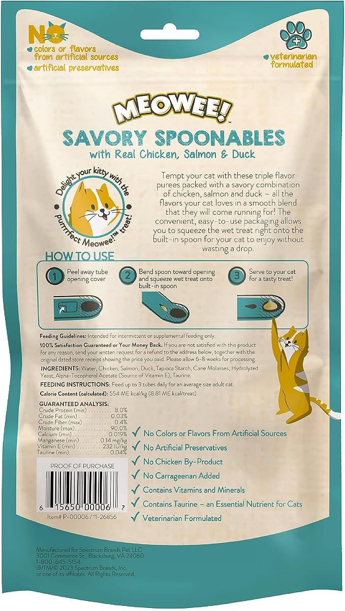 Savory Spoonables with Real Chicken, Salmon and Duck for Cats, 8 Count, Treat Your Cat to Triple Flavor Squeezable Lickable Wet Treats with Built-in Spoon for Less Mess