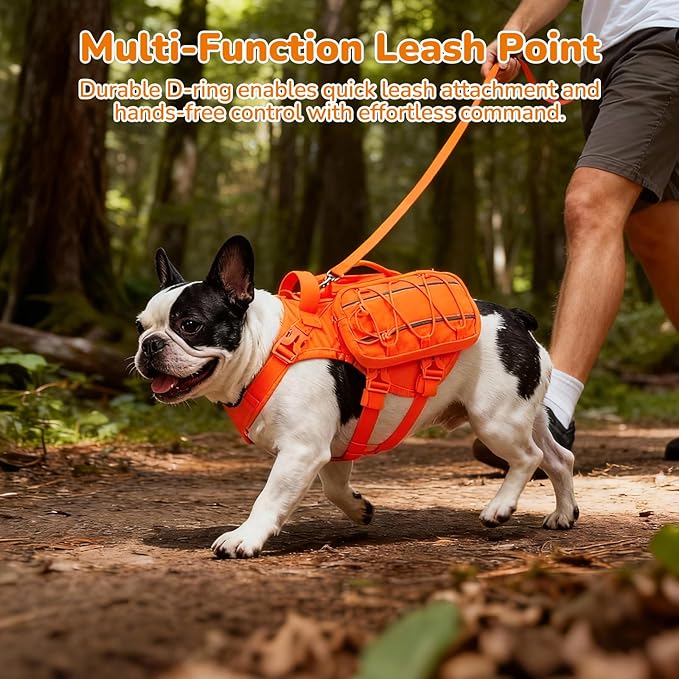 Small Dog Harness Backpack, No Pull Adjustable Dog Vest with Handle & Leash Ring, Lightweight Dog Backpack with Side Pockets for Walking, Training & Day Hikes, Orange, S