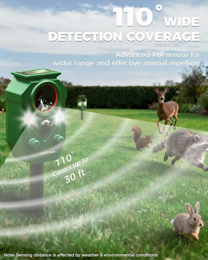 Solar Animal Repellent Outdoor, Ultrasonic Cat Repellent Outdoor, IP65 Waterproof Deer Repellent Deterrent Squirrel Racoon Skunk Rabbit, Dog Repellent for Yard Garden Lawn (2 Pack)